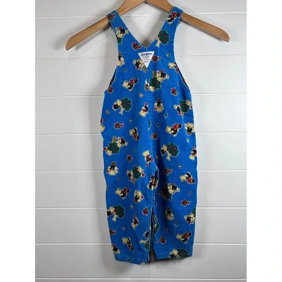 Vintage OshKosh‎ Kids Corduroy Overalls Blue Bear Tree Print Adjustable Straps - Picture 6 of 9
